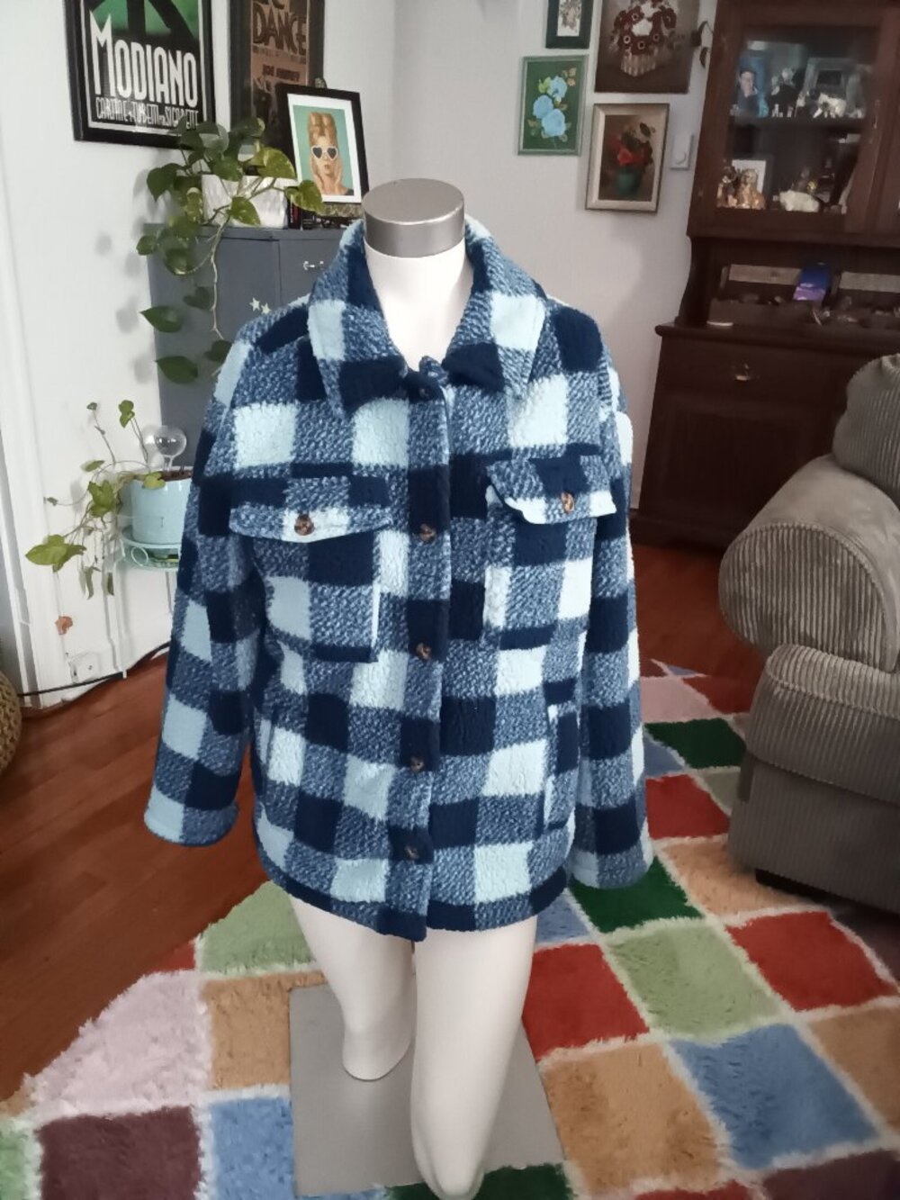 Dip blue buffalo check sherpa shirt jacket size XS